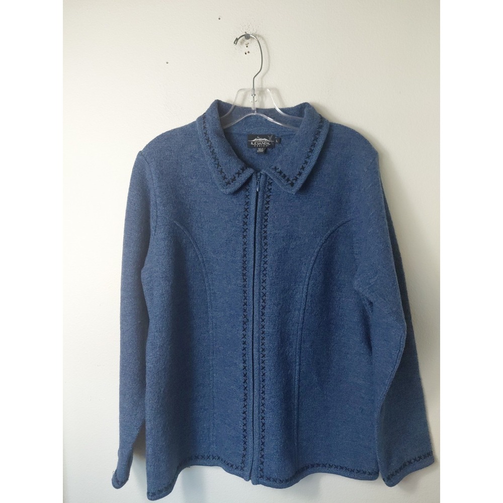 Icelandic Design 100% Wool Cardigan Womens Large Knit Zip Up Vtg 2003